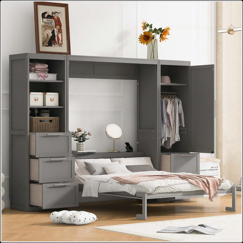 Grand lit escamotable mural avec placard, gris