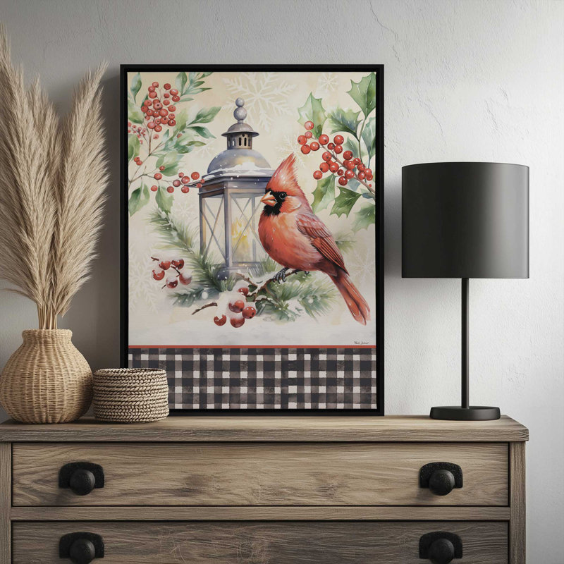 «Christmas Cardinal and Light Post» par Nicole DeCamp, reproduction d'art, L 12 po x H 16 po, Brun, Toile avec cadre