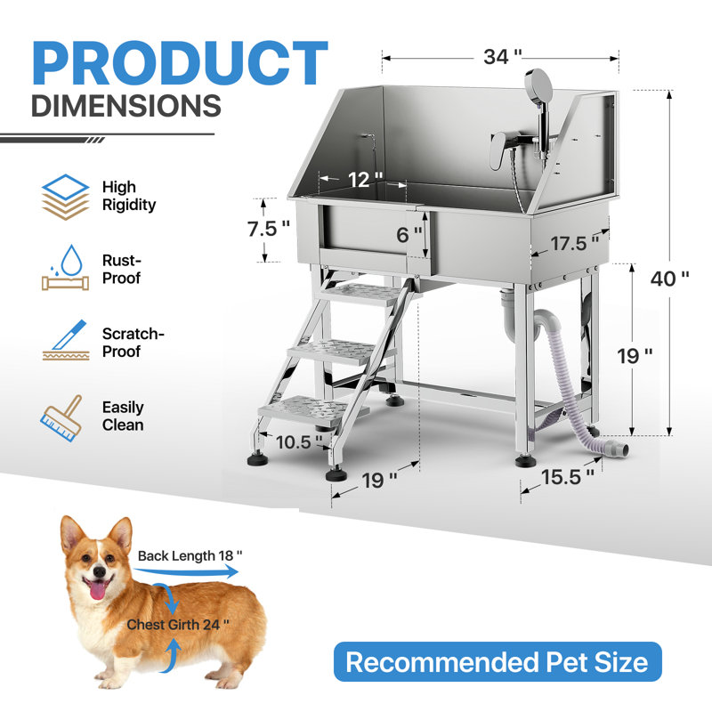 MoNiBloom 34" Stainless Steel Dog Grooming Tub with Retractable Steps and Sliding Door