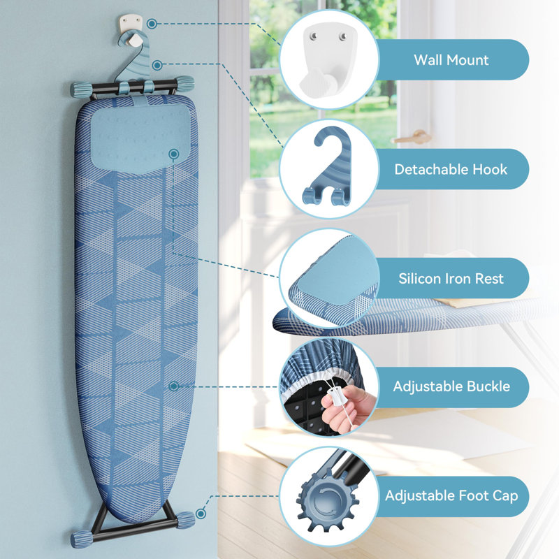 Planche à repasser, planche à repasser compacte avec tapis en fer au silicone, housse résistante à la chaleur, support de planche à repasser pliable réglable en hauteur à 7 hauteurs