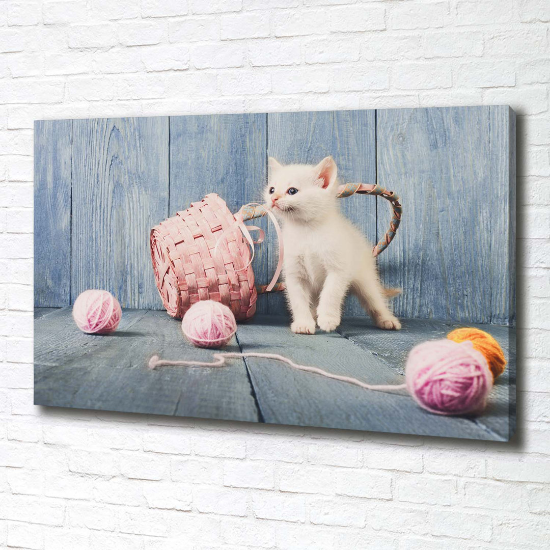 Weiße Katze und Hanks - Kunstdrucke auf Leinwand - Wrapped Canvas