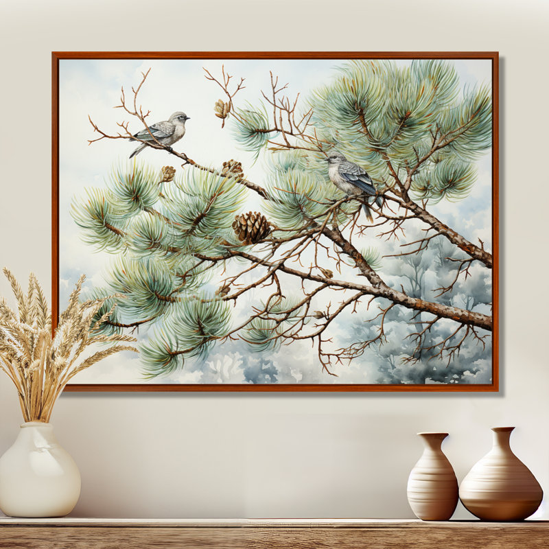 Oiseau sur pin I - Art mural pin, H 30 po x l 40 po x P 1,5 po, Cadre flottant brun