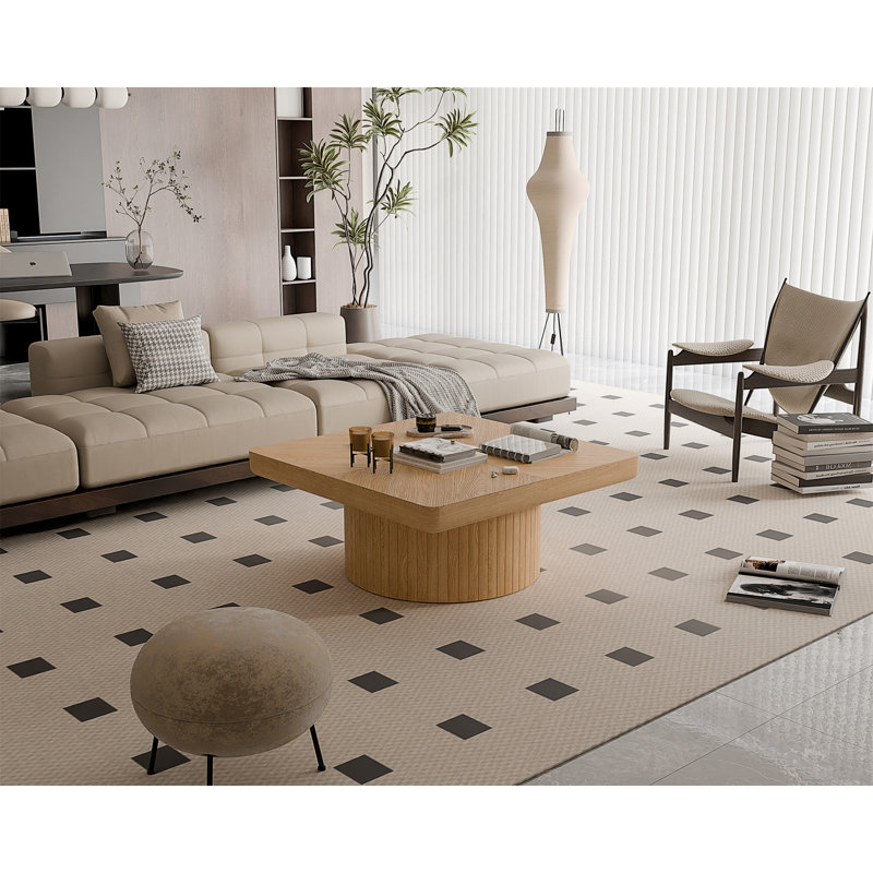 Table basse 34,6 po carrée avec plateau épais et base cylindrique élégante, Natural Wood