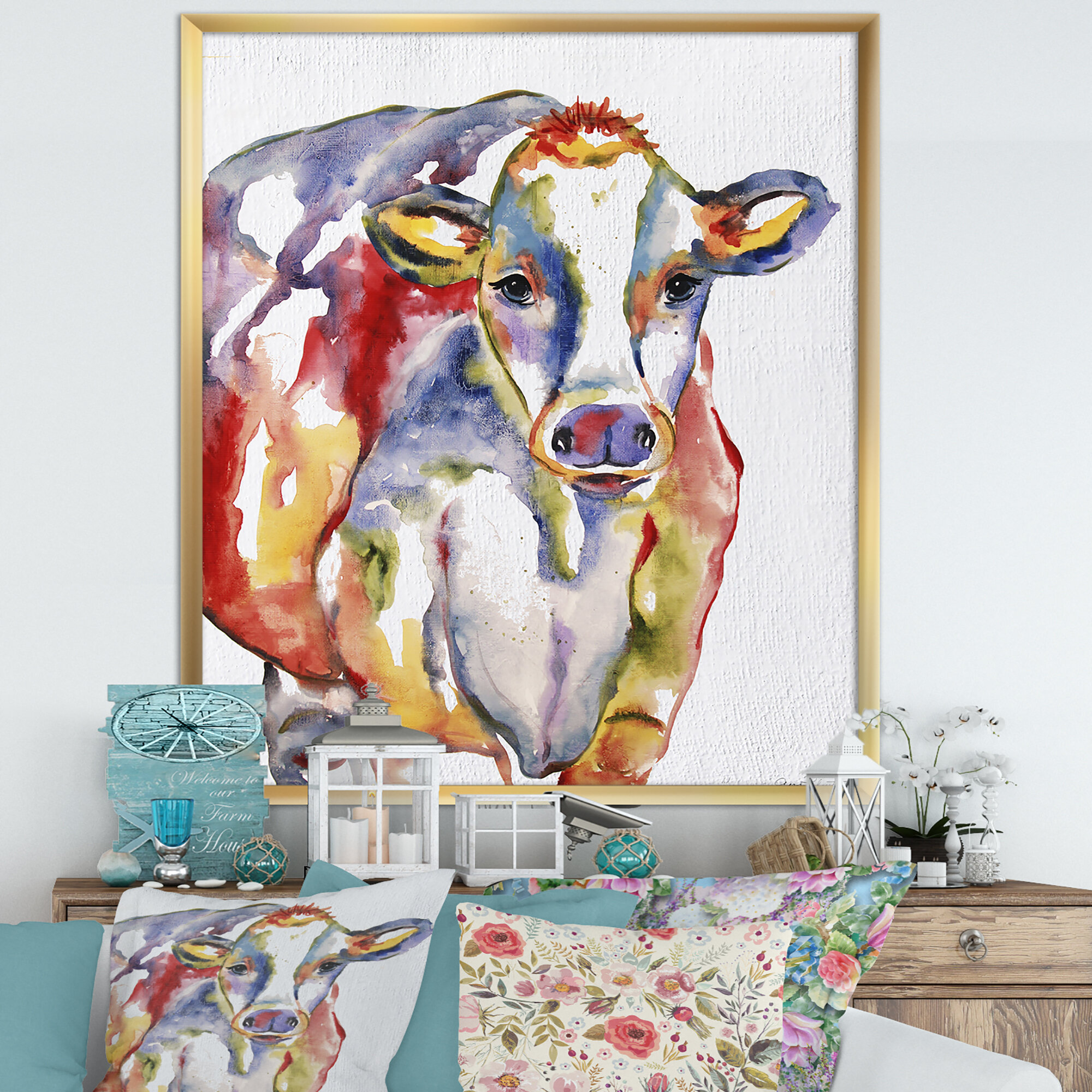 Watercolor Hand Painted Cow Framed On Canvas Painting