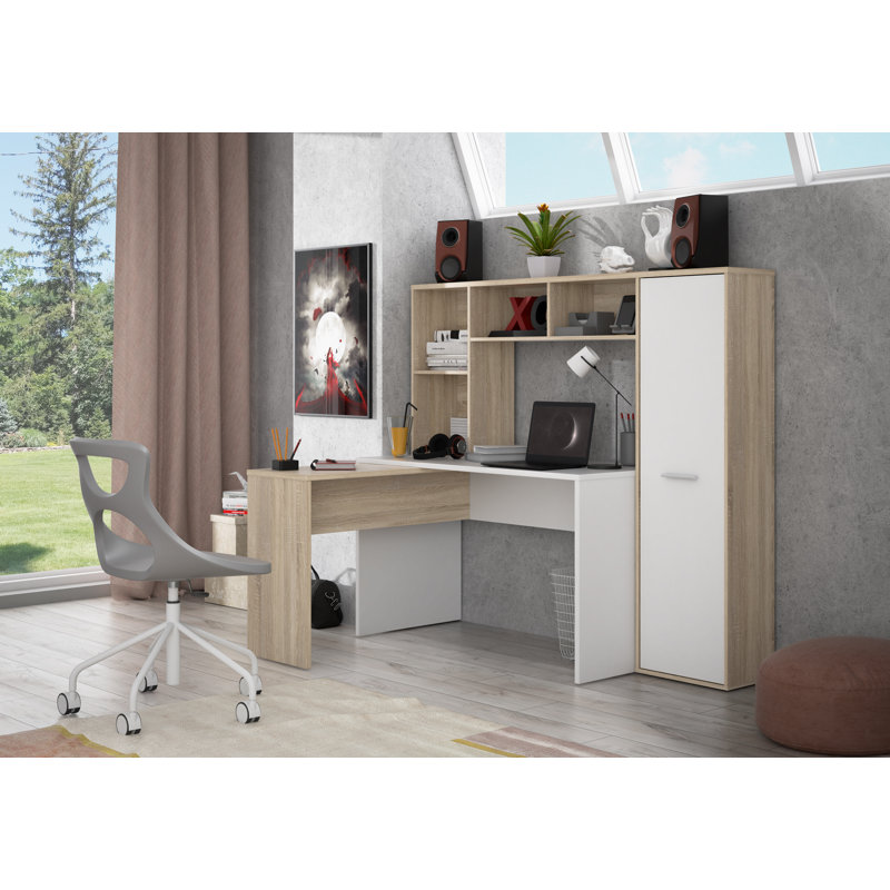 Simental L-Shape Floating Desk, Sonoma Oak/White