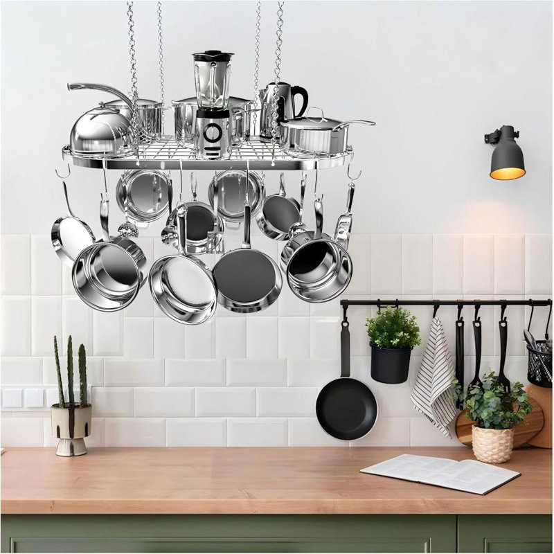 Support à casseroles suspendu robuste - Rangement de plafond en acier allié argent avec 15 crochets