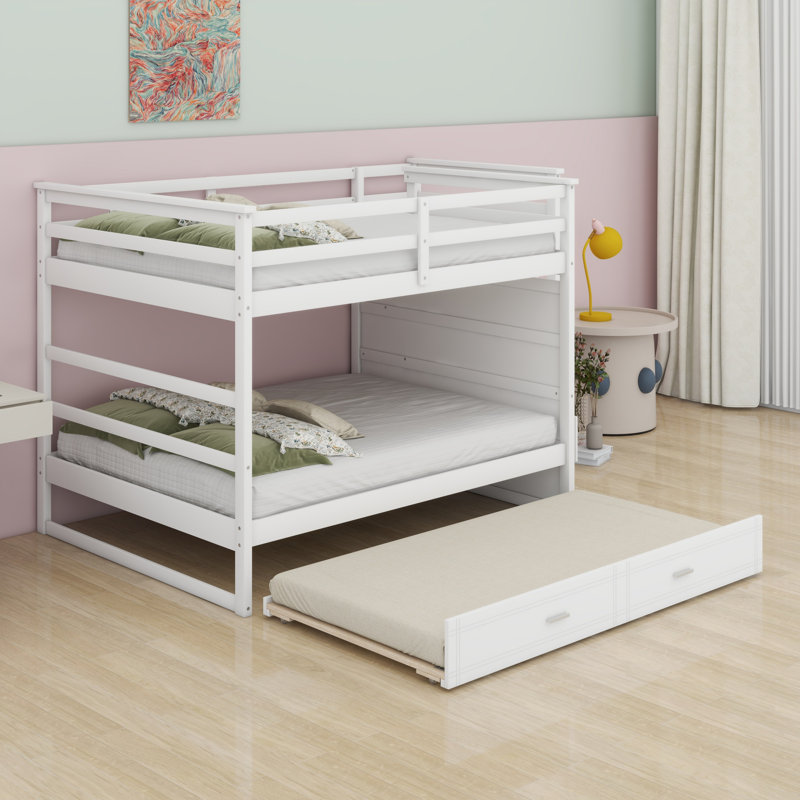 Bunk Bed With Trundle Bed And Staircase, White