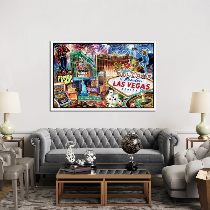 Las Vegas Pop Art by P.D. Moreno - Print on Canvas, White Framed, 152.5 cm H x 101.5 cm W