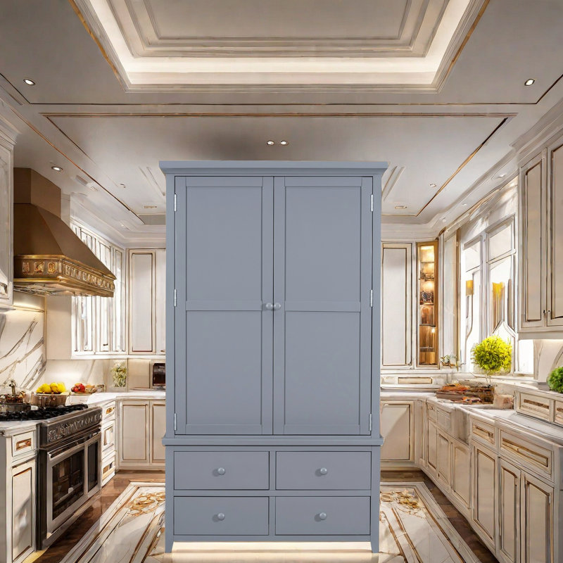 Garde-manger autoportant avec 8 tablettes de porte, 3 tablettes réglables, 7 tiroirs et 8 supports à vin, Gris