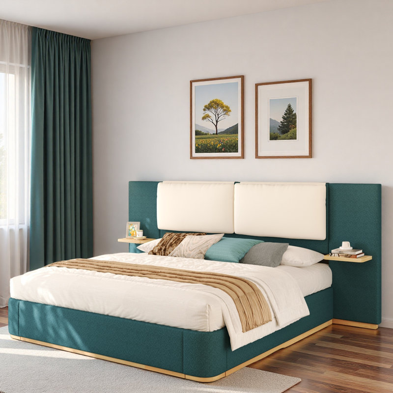 Lit plateforme tapissier avec tablettes, Grand lit, Vert