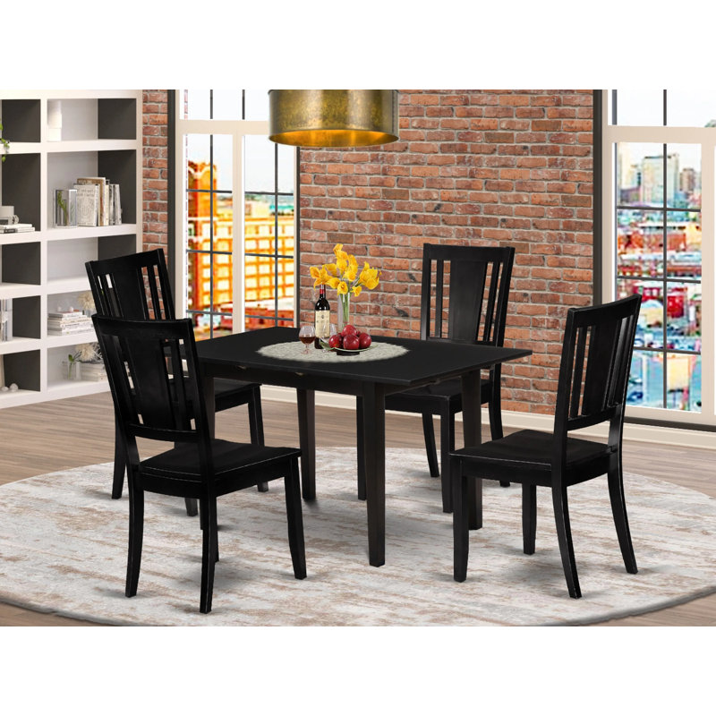 Black Finish Rectangular Solid Wood Top With Butterfly Leaf Dining Table Set, 5 Pieces: 1 Table, 4 Chairs