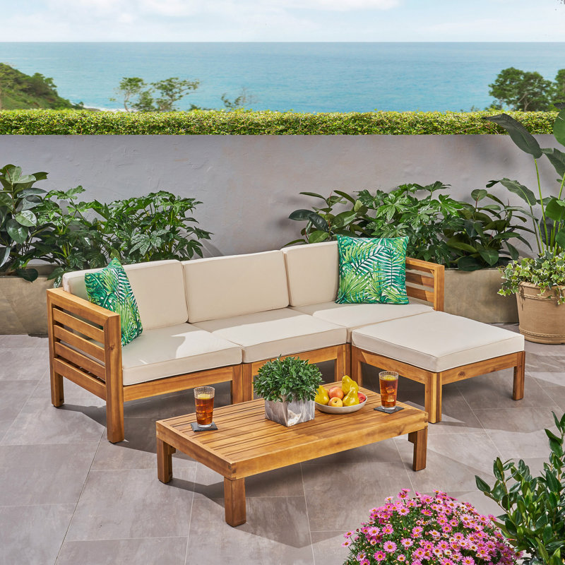 Ensemble de conversation modulaire avec coussins 4 pièces Gislaine, Structure teck / coussin beige