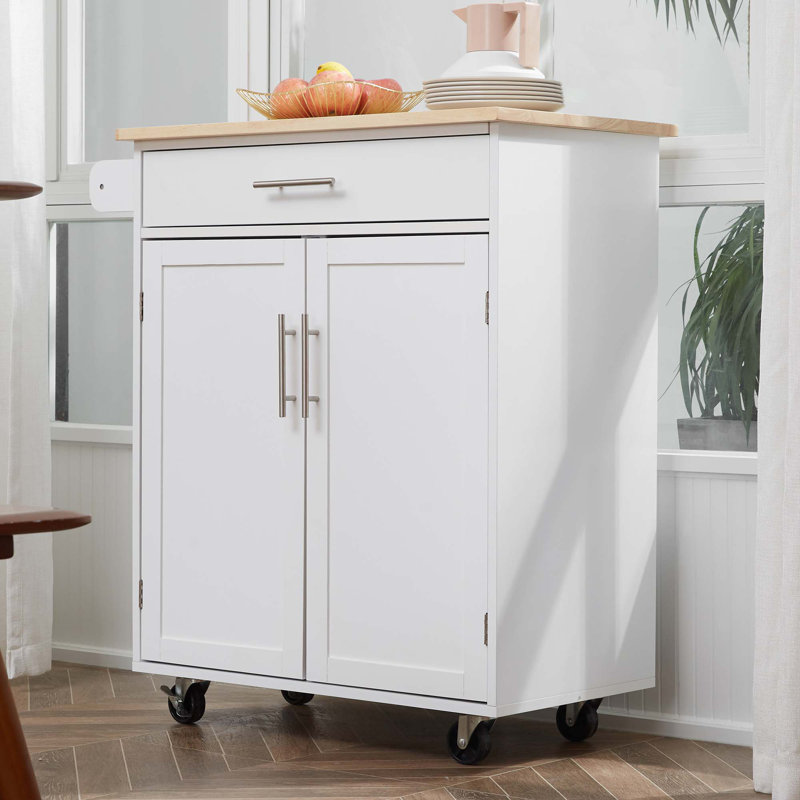 Kitchen Island Cart Rolling Trolley Cart With Drawer, Storage Cabinet & Towel Rack, White