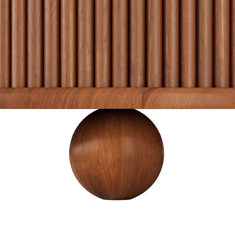 Table basse ronde cannelée avec rangement, bois de pin massif, porte coulissante, design compact, finition noyer, Noyer