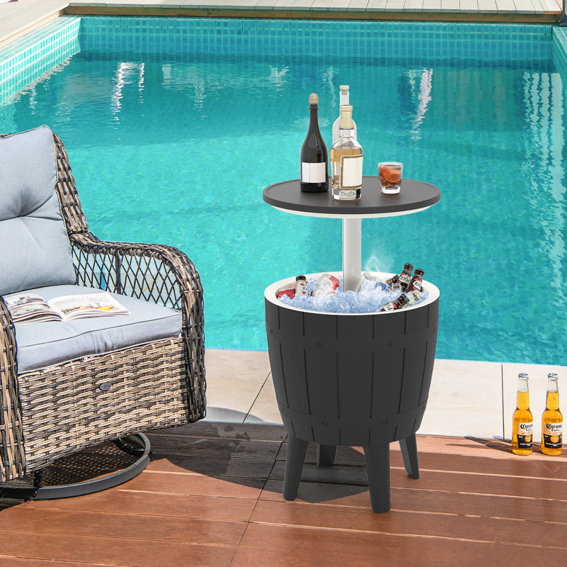 10 Gallon Cooler Bar Table w/ Telescopic Tabletop 3-in-1 Coffee Table Ice Bucket, Black