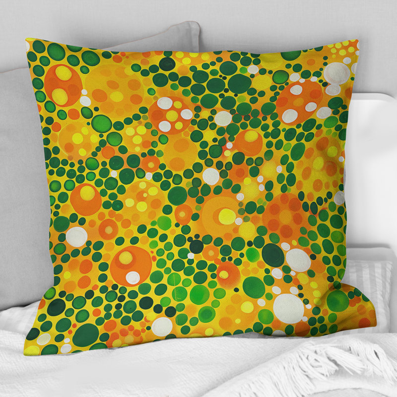 Coussin décoratif à pois orange et vert I, H 16 po x l 16 po