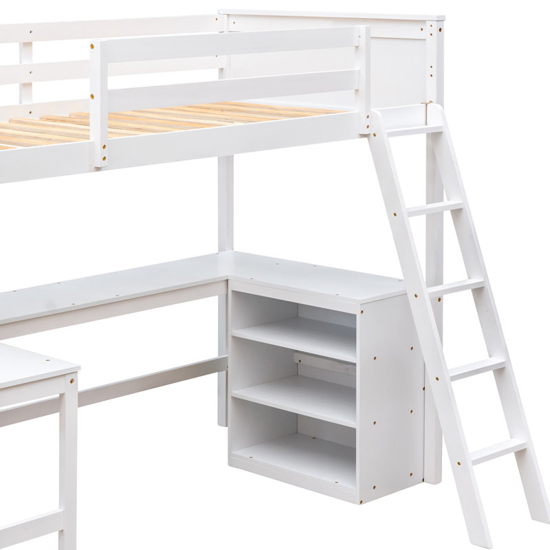 Twin Size Loft Bed With Desk, Wooden Loft Bed With Shelves,, White