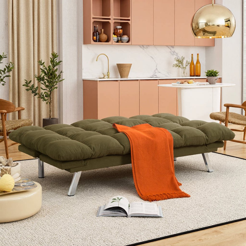 67.3" Foldable 2‑Seater Sofa Bed – Yellow Corduroy, Convertible Sleeper Couch with 6‑Position Backrest, Adjustable Armrests – Space‑Saving Sofa Bed for Living Rooms, Apartments, or Home Offices