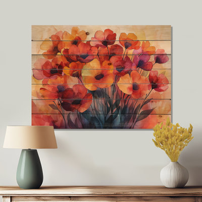 «Autumn Dance Of The Sunset Poppies I» - Décoration murale en bois de coquelicots - sur bois de pin naturel
