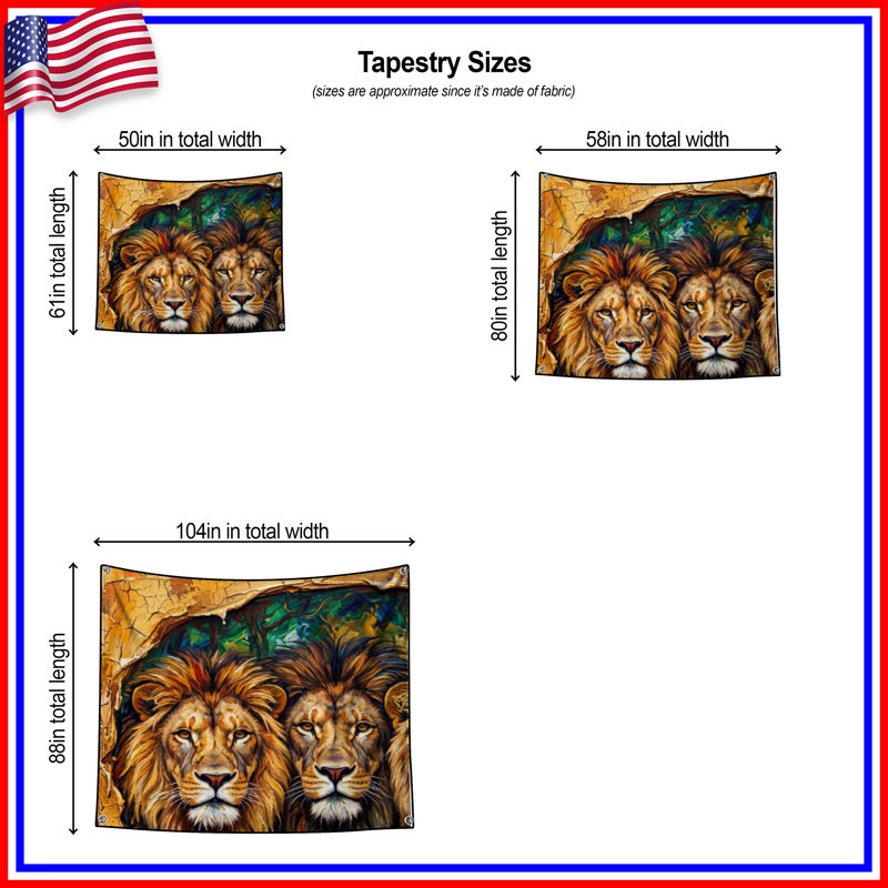 Tapisserie murale «Three Majestic Lions» - décoration murale Lions, 104in H x88 with 4 Grommets