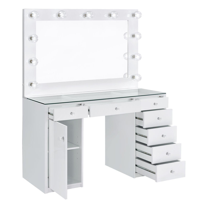 Amargosa 7-Drawer Makeup Vanity Table with LED Hollywood Mirror Lighting, White
