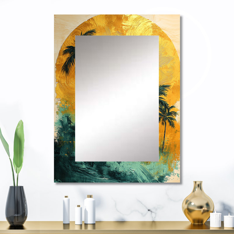 Emerald Palm Trees On Golden Tropical Sunrise I - miroir palmier, miroir mural traditionnel unique, impression sur métal