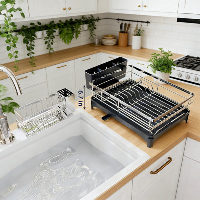 Égouttoir à vaisselle en acier inoxydable pour comptoir de cuisine avec égouttoir amovible, porte-couverts et porte-éponge, égouttoir à grande capacité