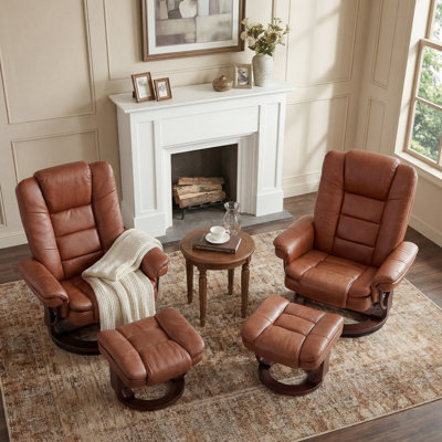 32" Contemporary Leather Recliner Lounge Chair With Ottoman Solid Wood Base Accent Chair-Set Of 2