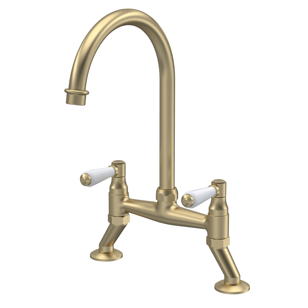 Nuie Sameer Mono Dual Lever Brushed Nickel Kitchen Sink Taps - Deck Mounted Swivel Spout With Pop-Up Waste Traditional Design - Image 3