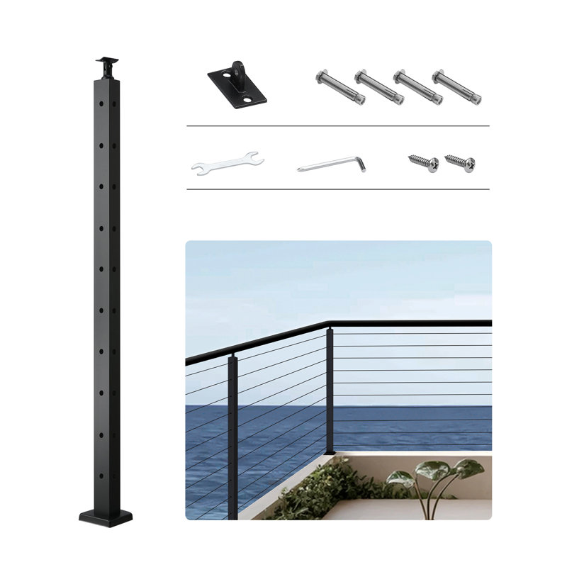 Poteau de garde-corps en câble, poteau d'angle 36 po x 1 po x 2 po, avec trous pré-percés en forme de L, poteau de garde-corps en acier inoxydable avec support horizontal et incurvé, paquet de 1, noir,