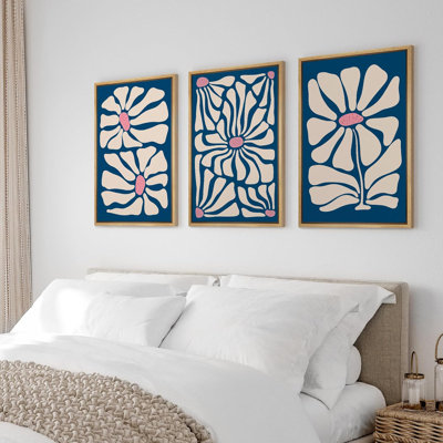 IDEA4WALL Abstract Botanical " Navy Blue Flowers Modern Boho Floral Framed Canvas Print 3 Pieces Wall Art