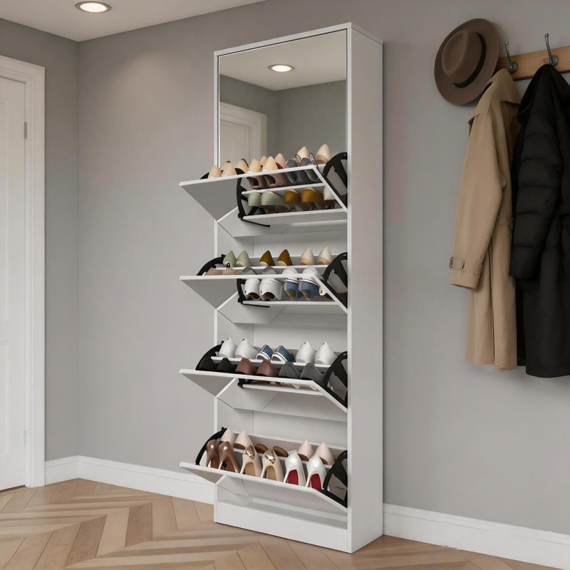 Armoire à chaussures avec miroir pleine longueur, armoire à chaussures autoportante à 5 tiroirs rabattables, Blanc