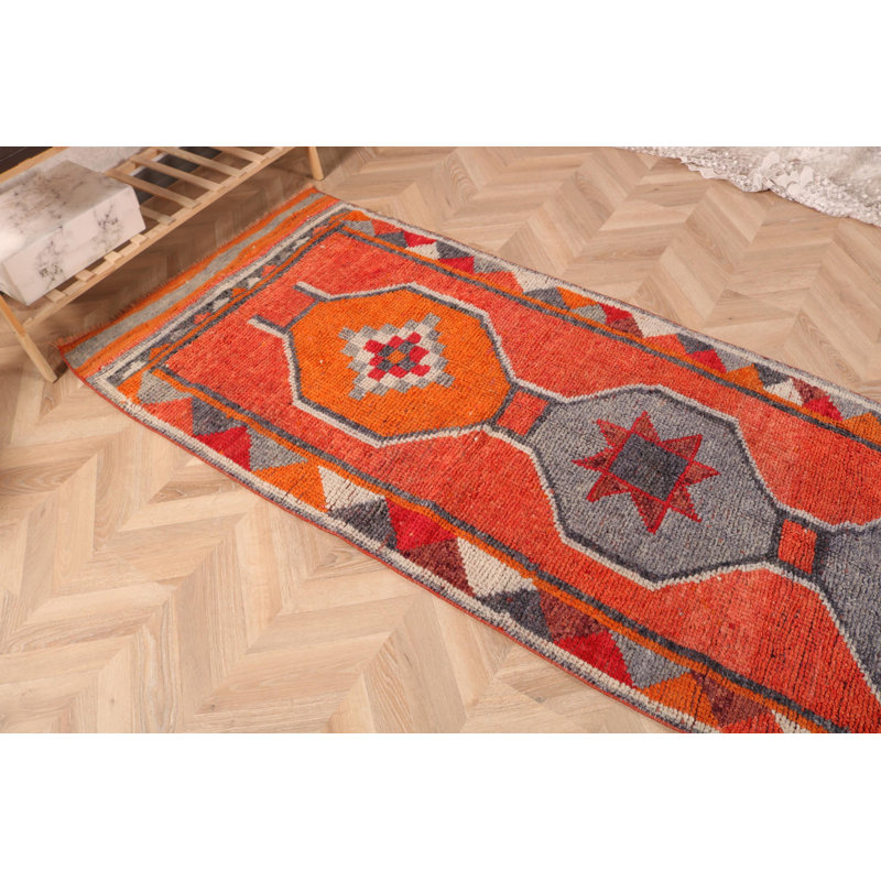 Tapis de couloir turc fait à la main en orange rétro - motif en laine de style ethnique pour les couloirs et les planchers