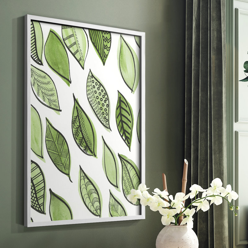 Reproduction encadrée de motifs de feuilles à motif IV - bois massif, H 10 po x l 8 po, Blanc