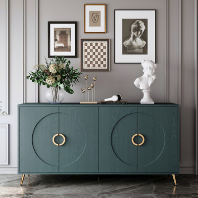60" Italian Luxury Dark Green Wood Grain Sideboard Cabinet, 4-Door Round Embossed Buffet Storage Credenza, Modern Entryway Console Cupboard with Gold Metal Handles, Dark Green