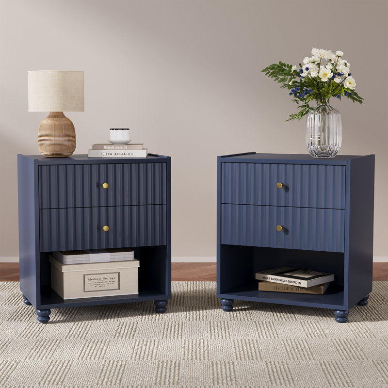 Ensemble de 2 tables de chevet modernes, table de bout cannelée avec tablette ouverte, table de chevet avec 2 tiroirs pour la chambre à coucher