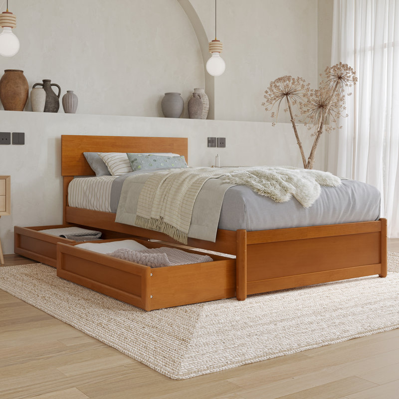 Lit plateforme Lamecia avec pied de lit à panneau et tiroirs de rangement, Caramel clair, Simple TG