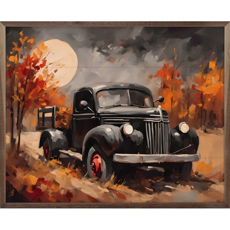 «Camion noir avec lune cachée» sur bois, H 24 po x l 30 po