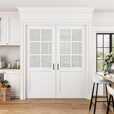 6-Lite Frosted Glass French Doors Interior White Primed Solid Core Pantry Door With Ball Catch / Handles