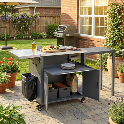 Foldable Outdoor Prep Station BBQ Cart Patio Dining Cart Foldable Outdoor Kitchen Island Grill Cart With Trash Rack, Foldable Top And Storage Space For Backyard, Patio