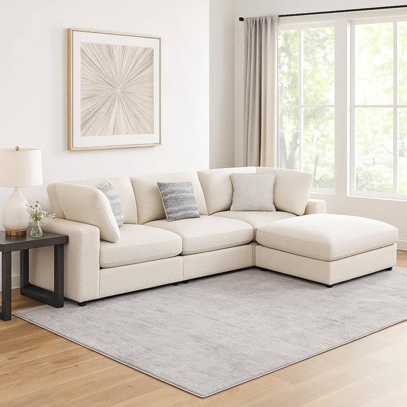 Canapé modulaire avec repose-pieds 4 pièces Serena, Tissu beige / mélange de lin / jacquard