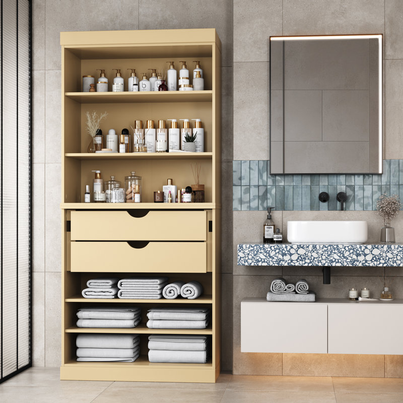  Armoire de salle de bain autoportante 100% bois massif 32 po avec 2 tiroirs et tablettes réglables - Rangement de salle de bain moderne