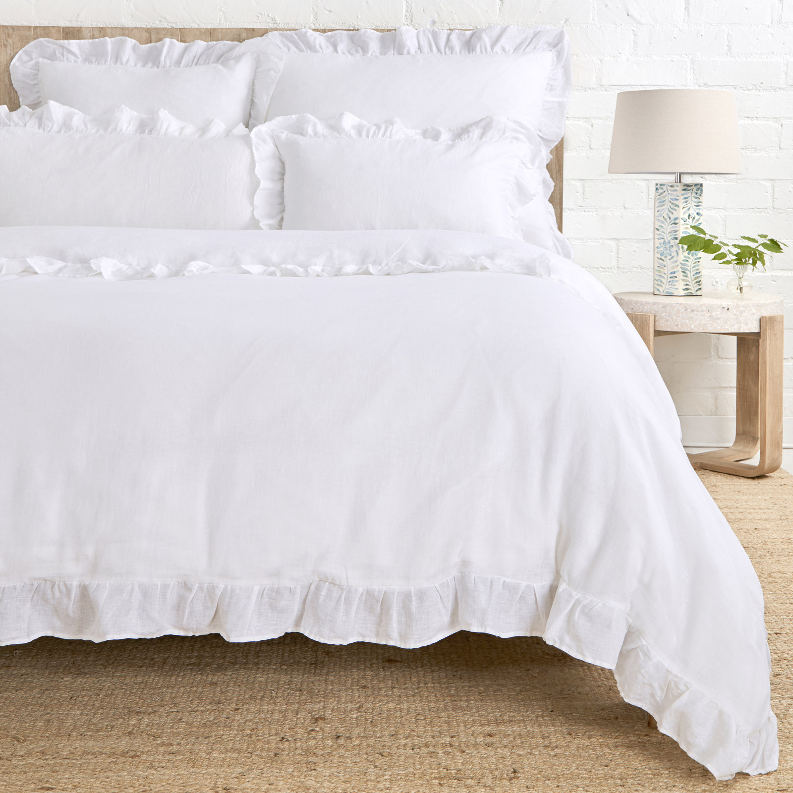 Charlie Ruffled Linen Lumbar Throw Pillow, White