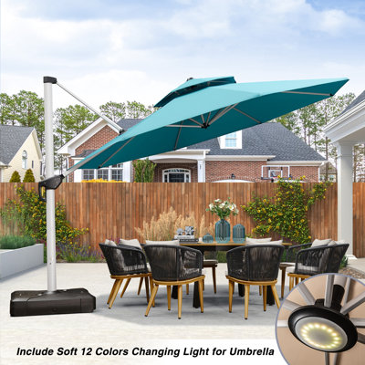 13 Feet Outdoor Double Top Ronud Deluxe Lighted Cantilever Umbrella With Base,Turquoise Blue