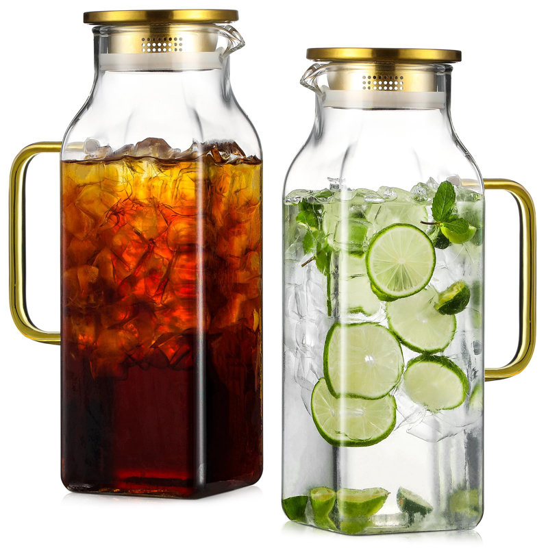 Paquet de 2 pichets carrés en verre de 2 litres / 68 oz avec couvercle et poignée pour réfrigérateur, carafe à thé glacé et carafe à café, carafe en eau borosilicatée résistante à la chaleur pour boissons chaudes / froides et lait