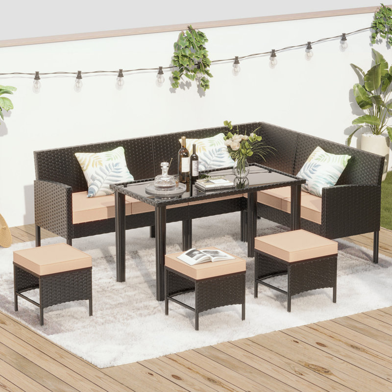 Ensemble de meubles de patio 7 pièces avec trois tabourets et coussin moelleux, Kaki