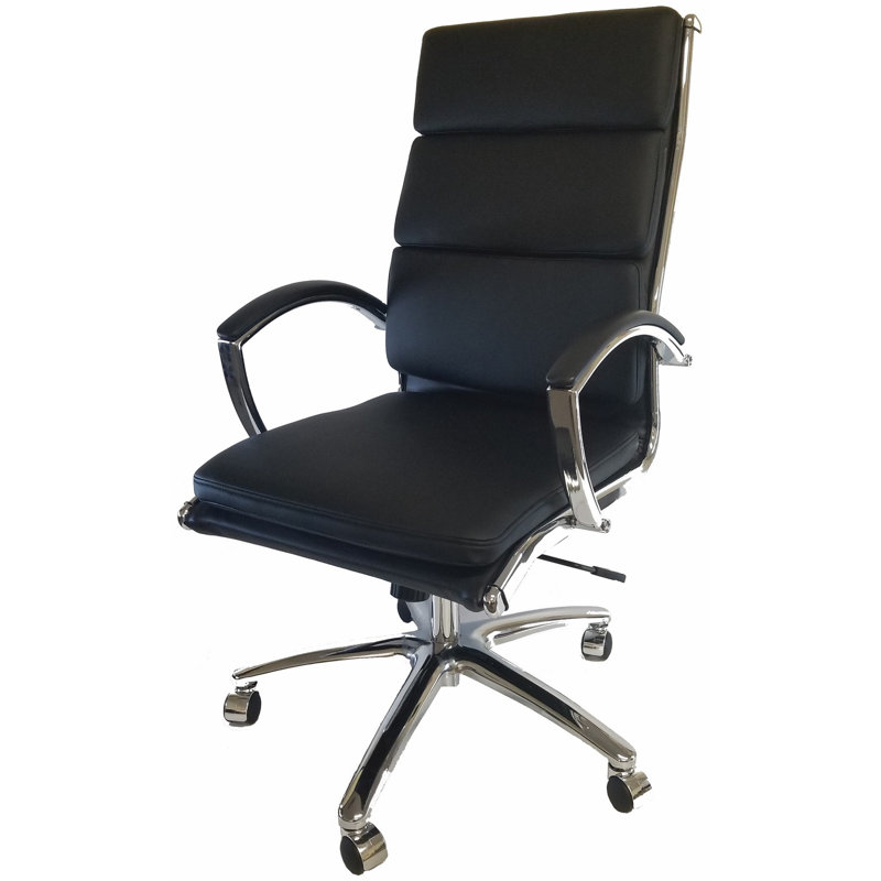 Liberty High-Back Mid-Century Modern Fully Upholstered Office Chair with Pillow Back, Arms, and Chrome Frame, Black, Black