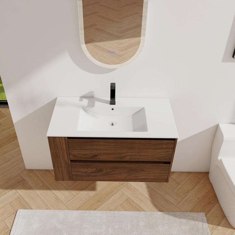 36" Wall Mounting Bathroom Vanity With Ceramic Sink, Soft Close Drawer