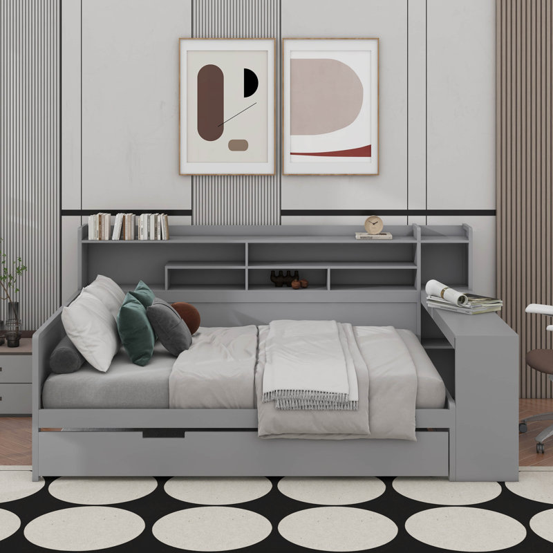 Wooden Daybed With Storage Shelves, Multi-Functional Bed With Twin Size Trundle Bed And Study Desk, Full/Double