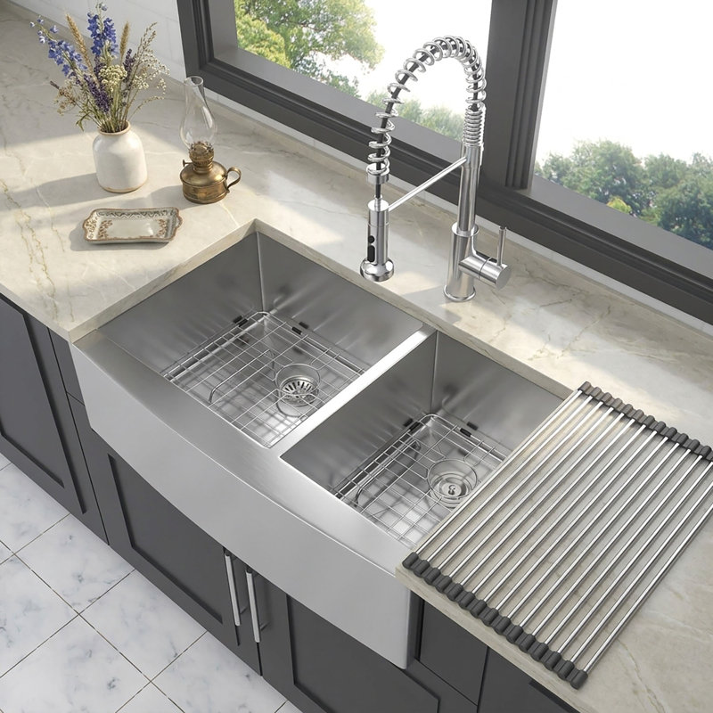Évier de ferme de 84 cm (33 pouces), évier de cuisine à double cuve 60/40 avec tablier frontal, en acier inoxydable 304 de calibre 16, encastré sous plan, avec cuves de 23 cm (9 pouces) de profondeur, finition nickel brossé